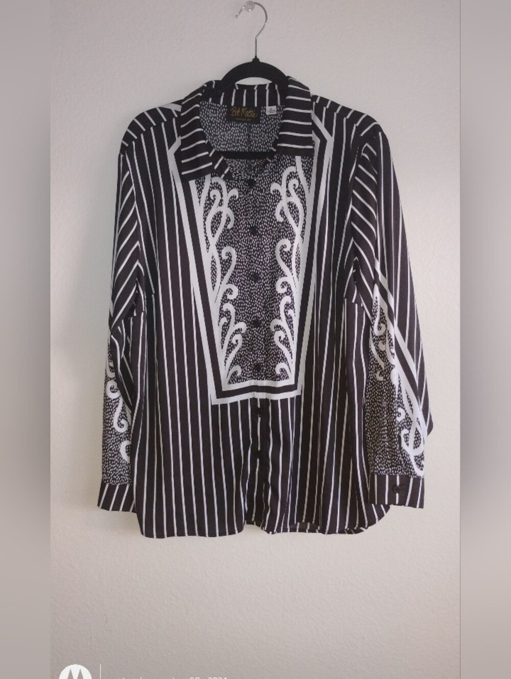 Bob Mackie Black and White Striped Tunic Blouse with Ornate Front Panel